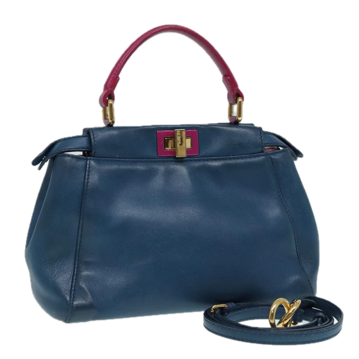 Luxury Fendi Mini Peek A Boo Hand Bag Leather 2way Blue Gold86182