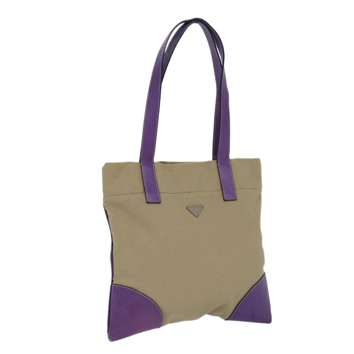 Luxury Prada Hand Bag Canvas Beige Purple Silver  86440