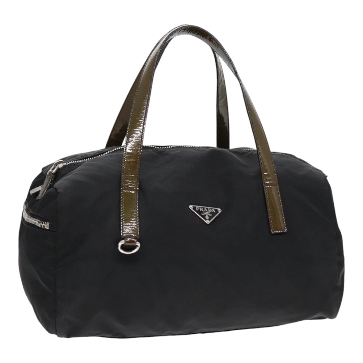 Luxury Prada Hand Bag Nylon Enamel Black Khaki Silver  86451