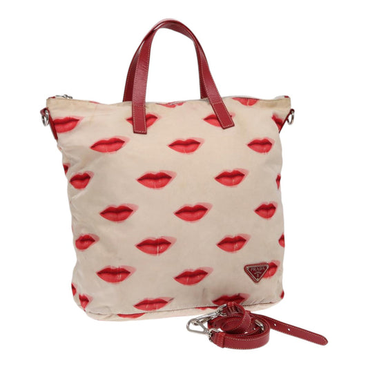 Luxury Prada Tote Bag Nylon 2way Beige Red Silver  86561