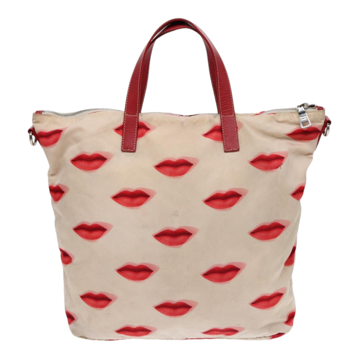 Luxury Prada Tote Bag Nylon 2way Beige Red Silver  86561