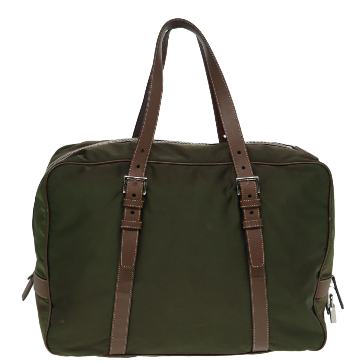 Luxury Prada Boston Bag Nylon Khaki Silver  86565
