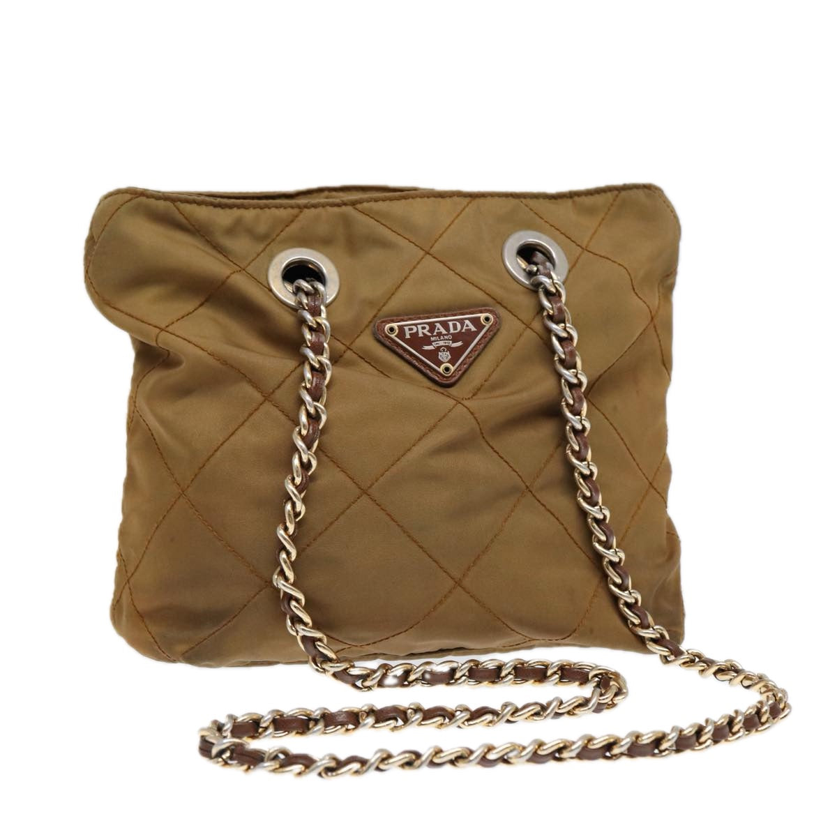 Luxury Prada Chain Shoulder Bag Nylon Khaki Gold  86608