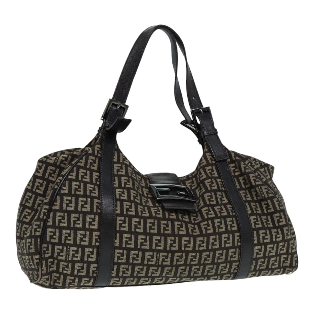 Luxury Fendi Zucchino Canvas Mamma Shoulder Bag Brown Black Silver86710