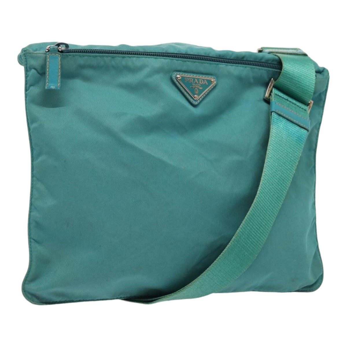 Luxury Prada Shoulder Bag Nylon Turquoise Blue Silver  86875