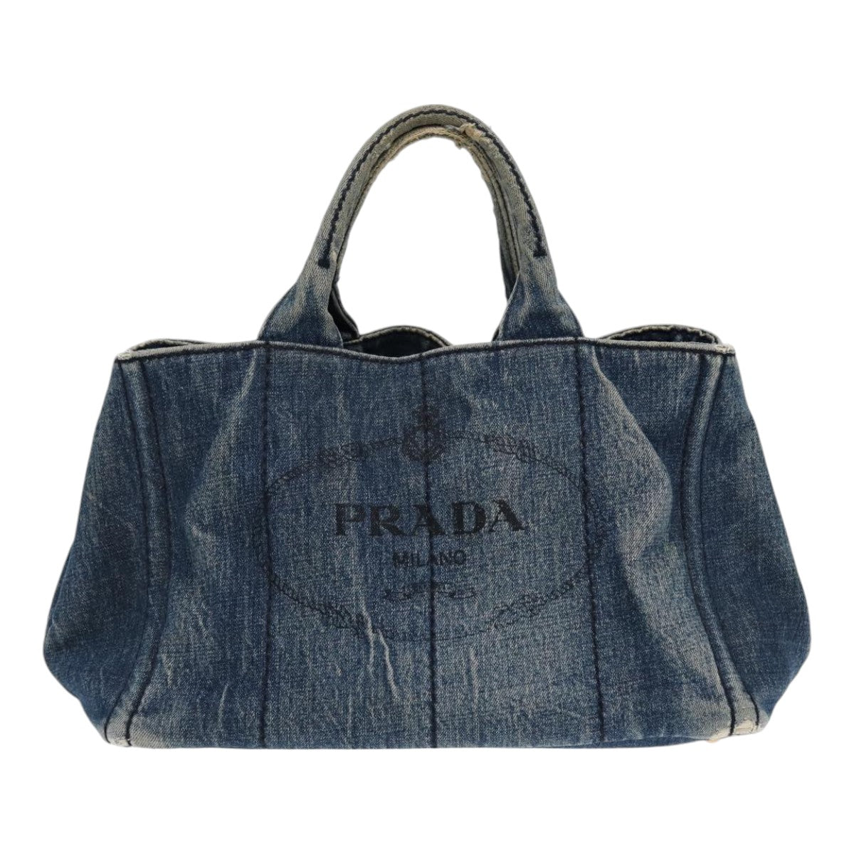 Luxury Prada Canapa MM Hand Bag Denim Blue Gold  86896
