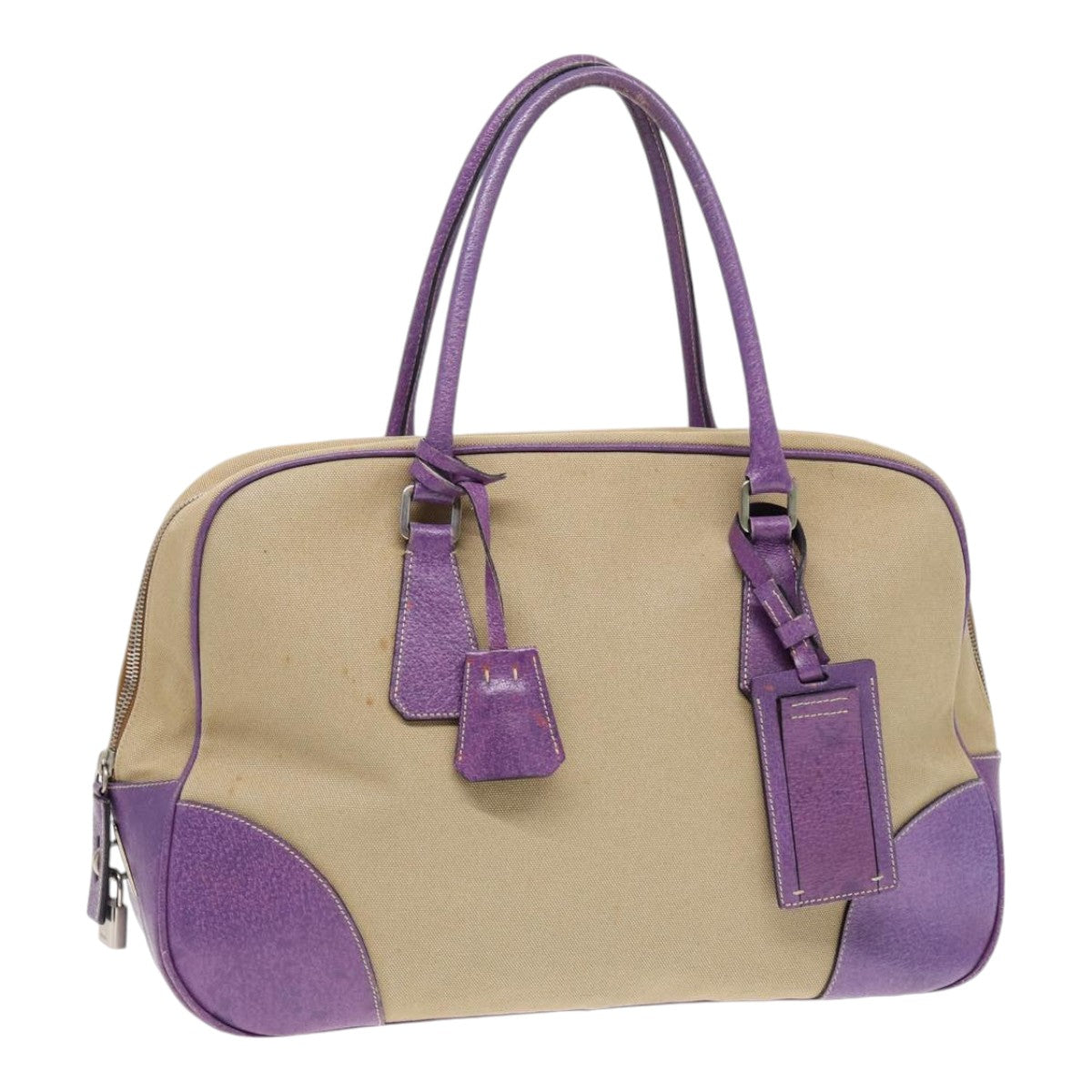 Luxury Prada Hand Bag Canvas Beige Silver  86905