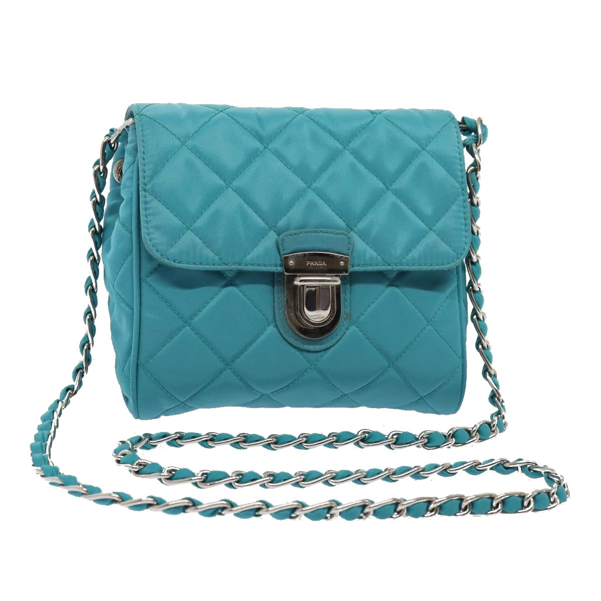 Luxury Prada Chain Shoulder Bag Nylon Turquoise Blue Silver  86958