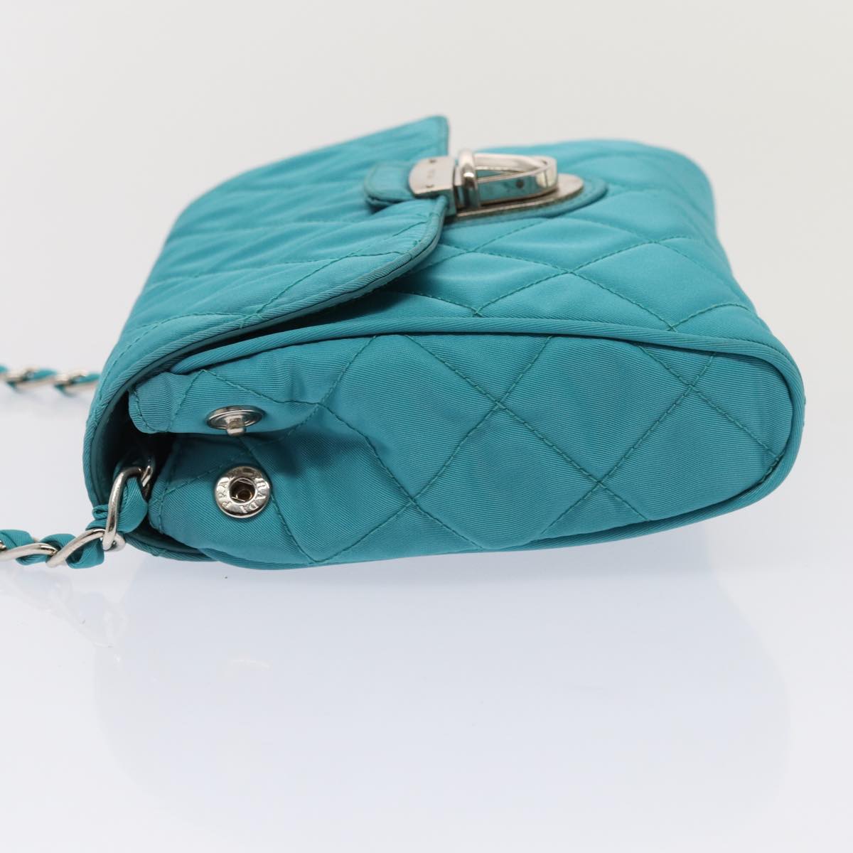 Luxury Prada Chain Shoulder Bag Nylon Turquoise Blue Silver  86958