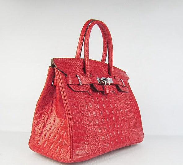 Luxury Hermes Birkin 30cm Crocodile Head Vein Handbags Red Silver