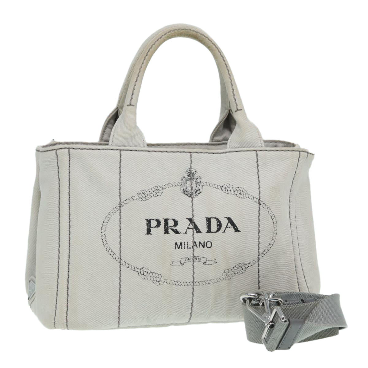 Luxury Prada Canapa PM Hand Bag Canvas 2way Gray Silver  87440