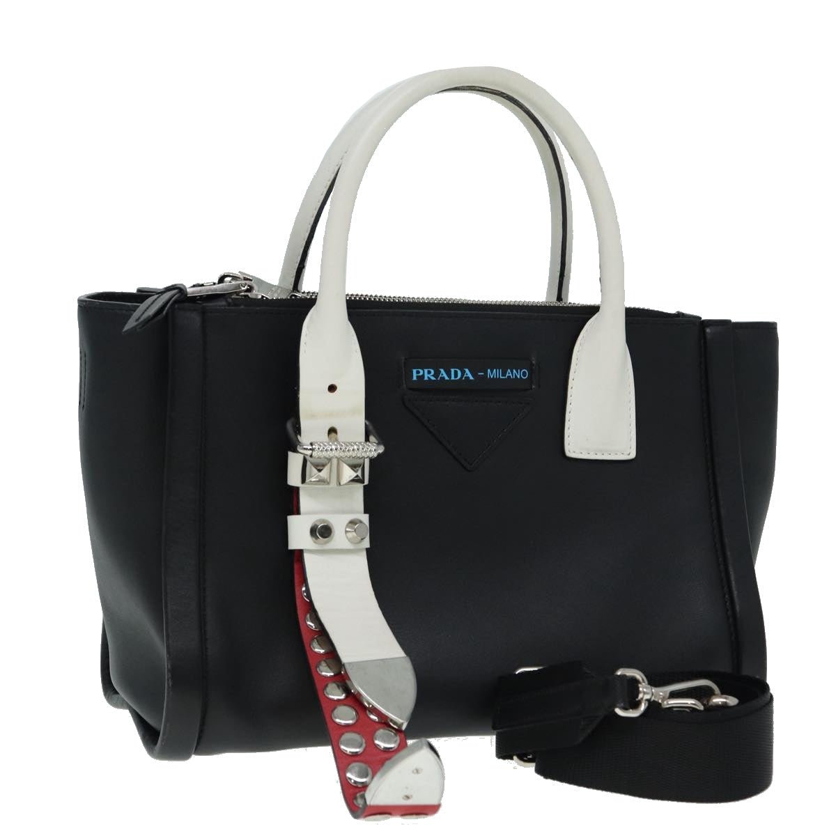 Luxury Prada Hand Bag Leather 2way Black White Silver  88091