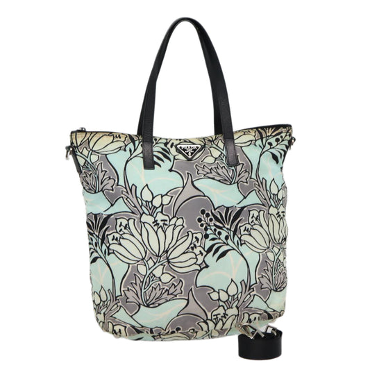 Luxury Prada Flower Tote Bag Nylon 2way Light Blue Black Silver  88092