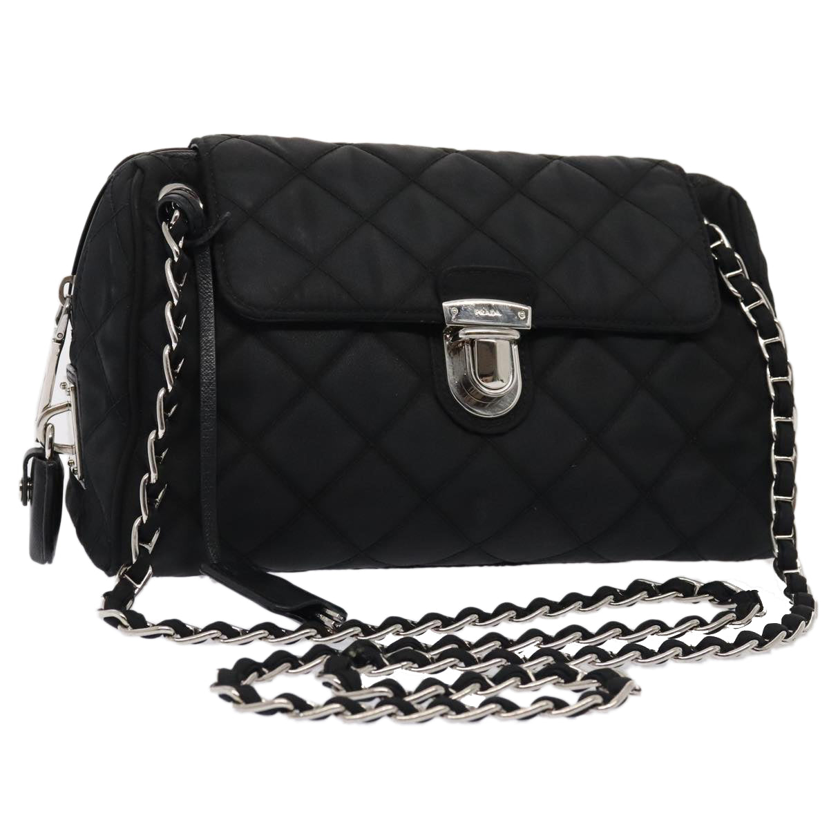 Luxury Prada Quilted Chain Shoulder Bag Nylon Black Silver  88100