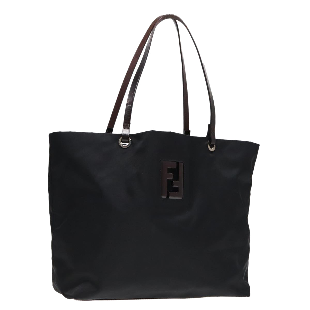 Luxury Fendi Tote Bag Nylon Leather Black Dark Brown Silver88189