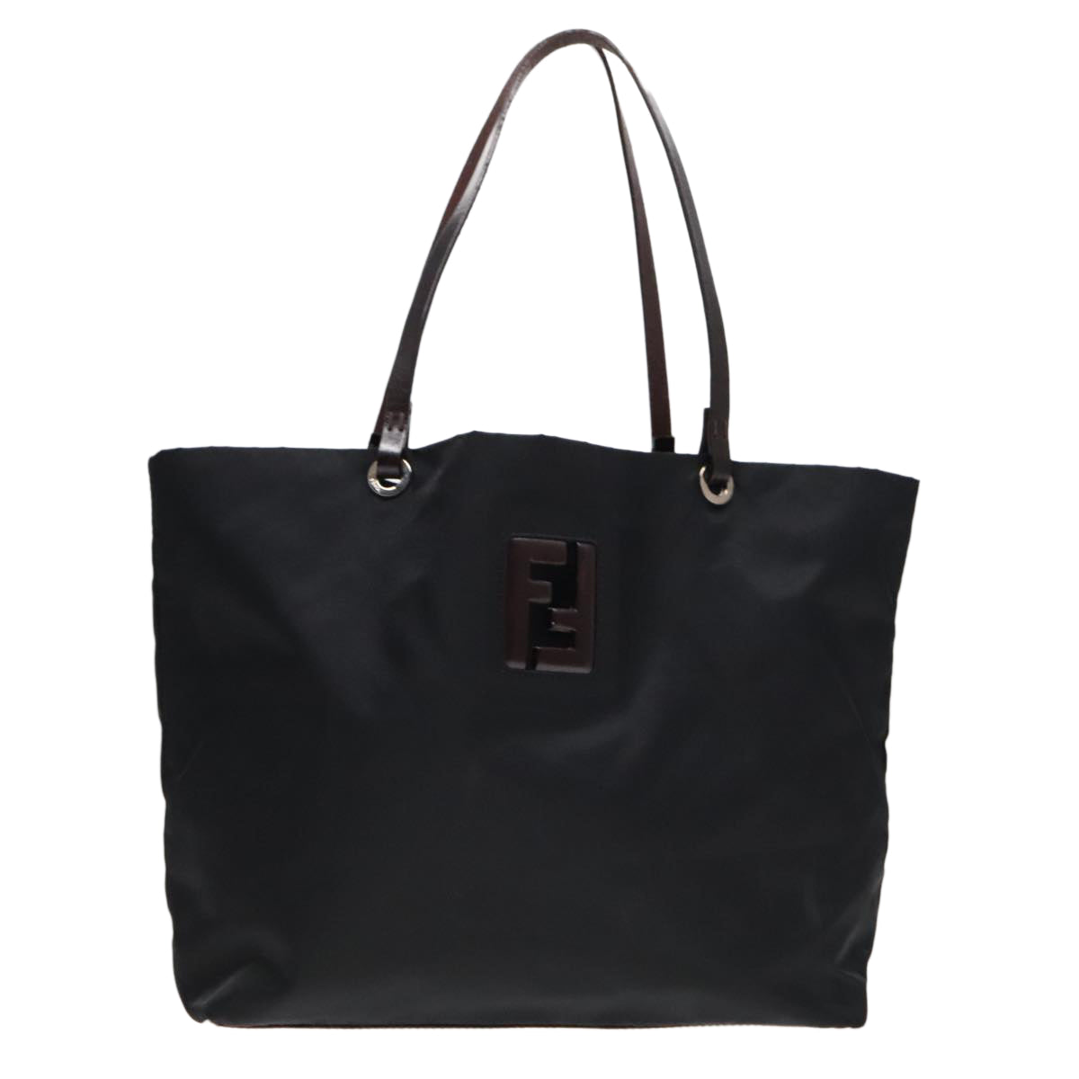 Luxury Fendi Tote Bag Nylon Leather Black Dark Brown Silver88189