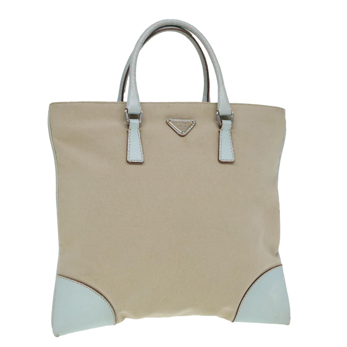 Luxury Prada Hand Bag Canvas Leather Beige Baby Blue Silver  88202