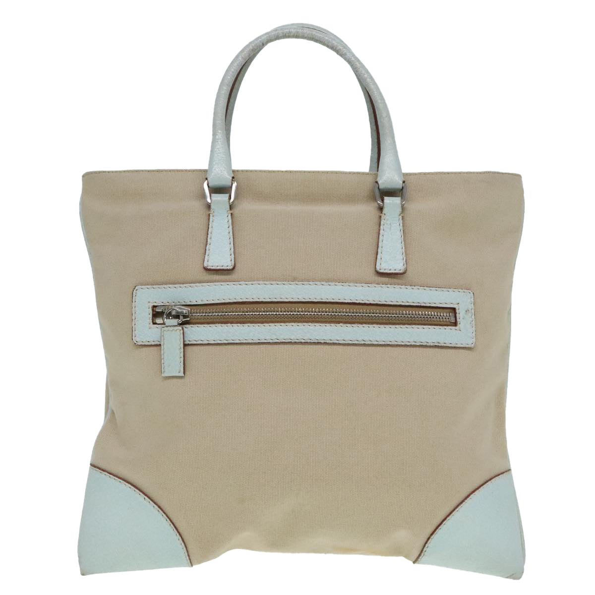 Luxury Prada Hand Bag Canvas Leather Beige Baby Blue Silver  88202