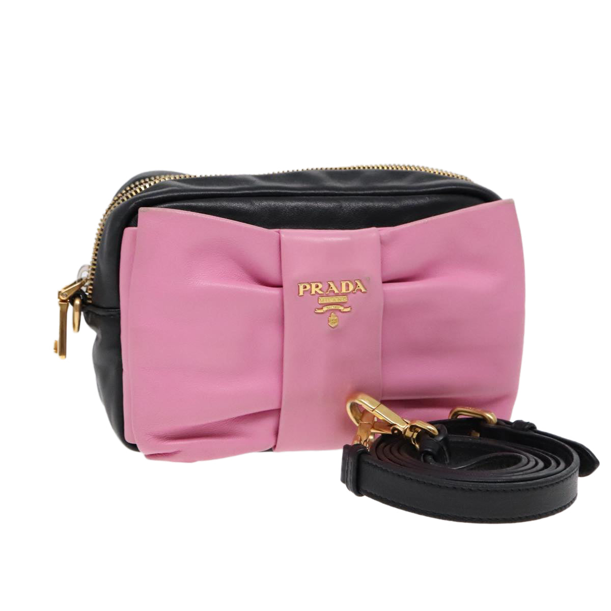 Luxury Prada Ribbon Shoulder Bag Leather Pink Black gold  88221