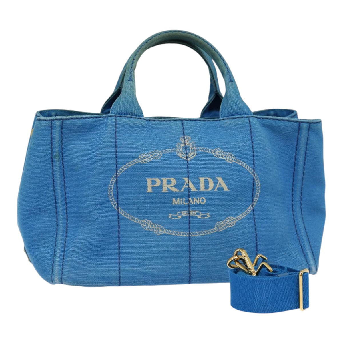 Luxury Prada Canapa MM Hand Bag Canvas 2way Blue Gold  88572