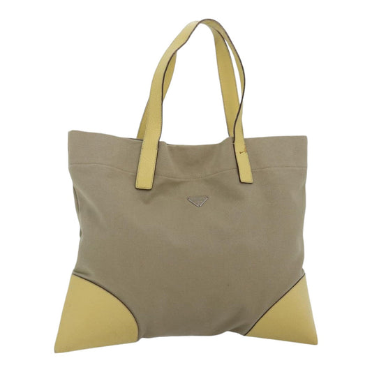 Luxury Prada Tote Bag Canvas Leather Beige Yellow  88797