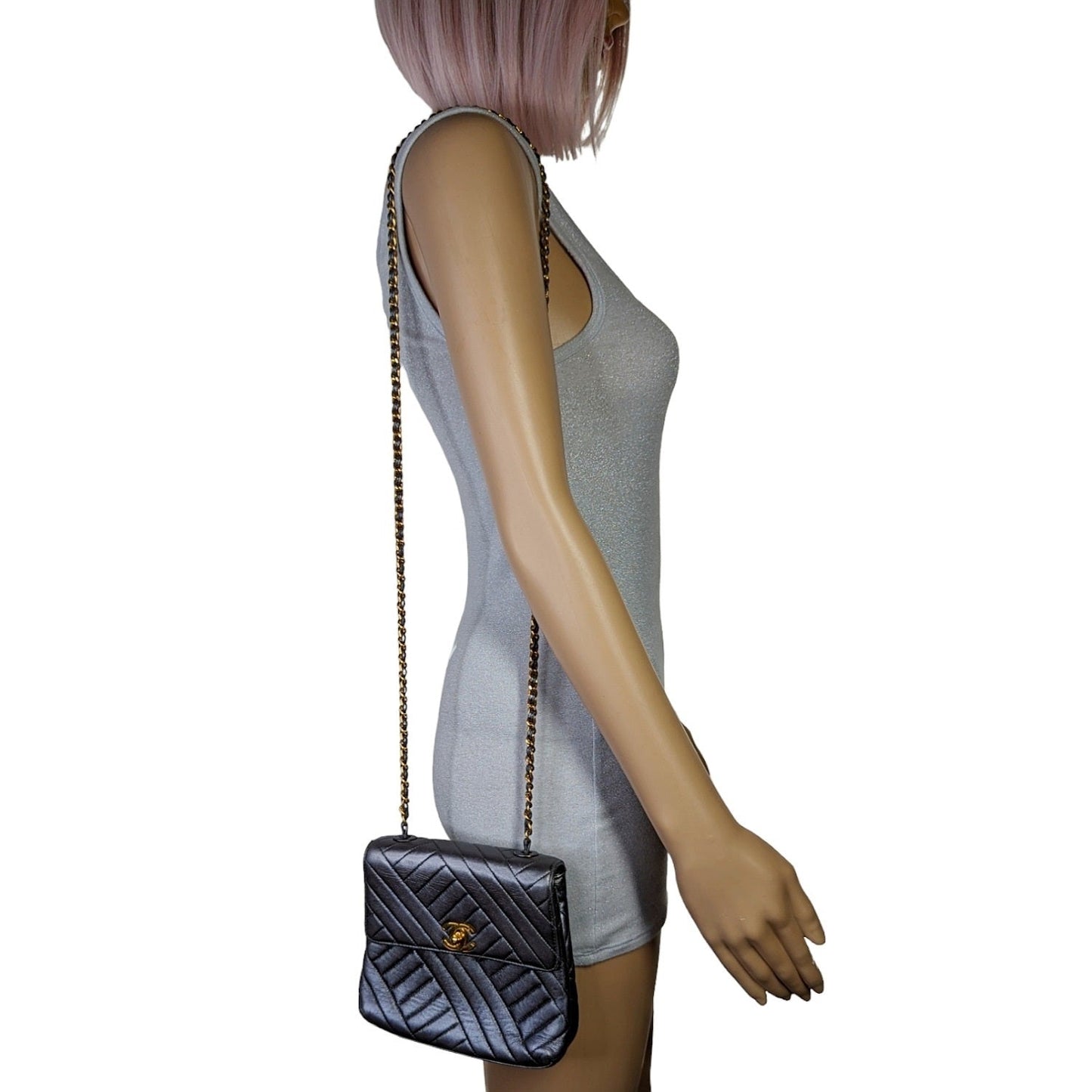 Luxury Chanel Vintage Chevron Quilted Square Flap Bag