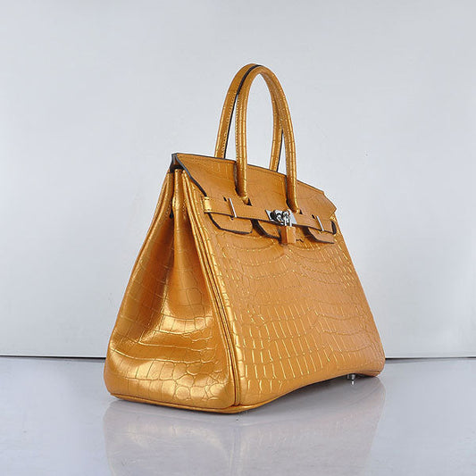 Luxury Hermes Birkin 35cm 6089 New Golden Crocodile Vein Handbags Silver