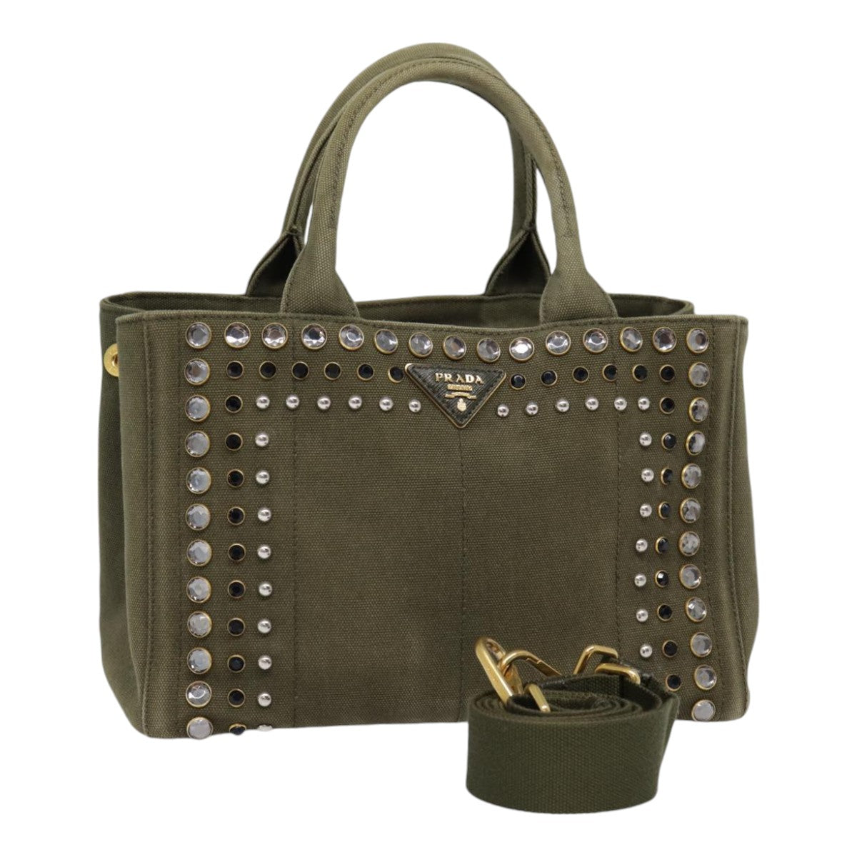Luxury Prada Bijoux Canapa PM Hand Bag Canvas 2way Khaki Gold  89045