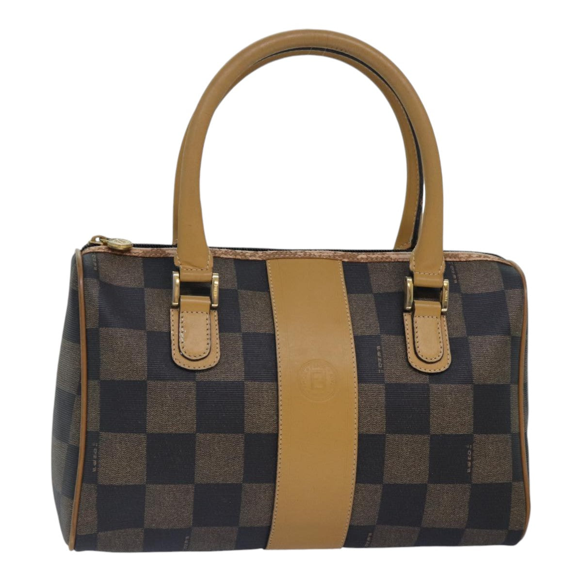 Luxury Fendi Pecan Canvas Boston Bag Brown Black gold89110