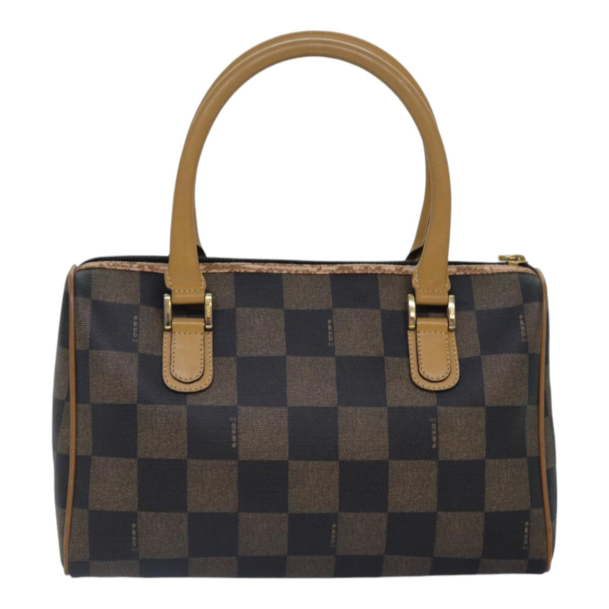 Luxury Fendi Pecan Canvas Boston Bag Brown Black gold89110