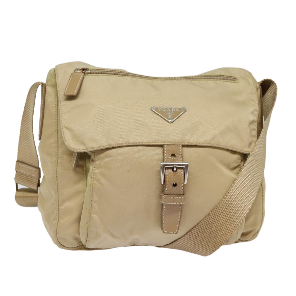 Luxury Prada Shoulder Bag Nylon Beige Silver  89116