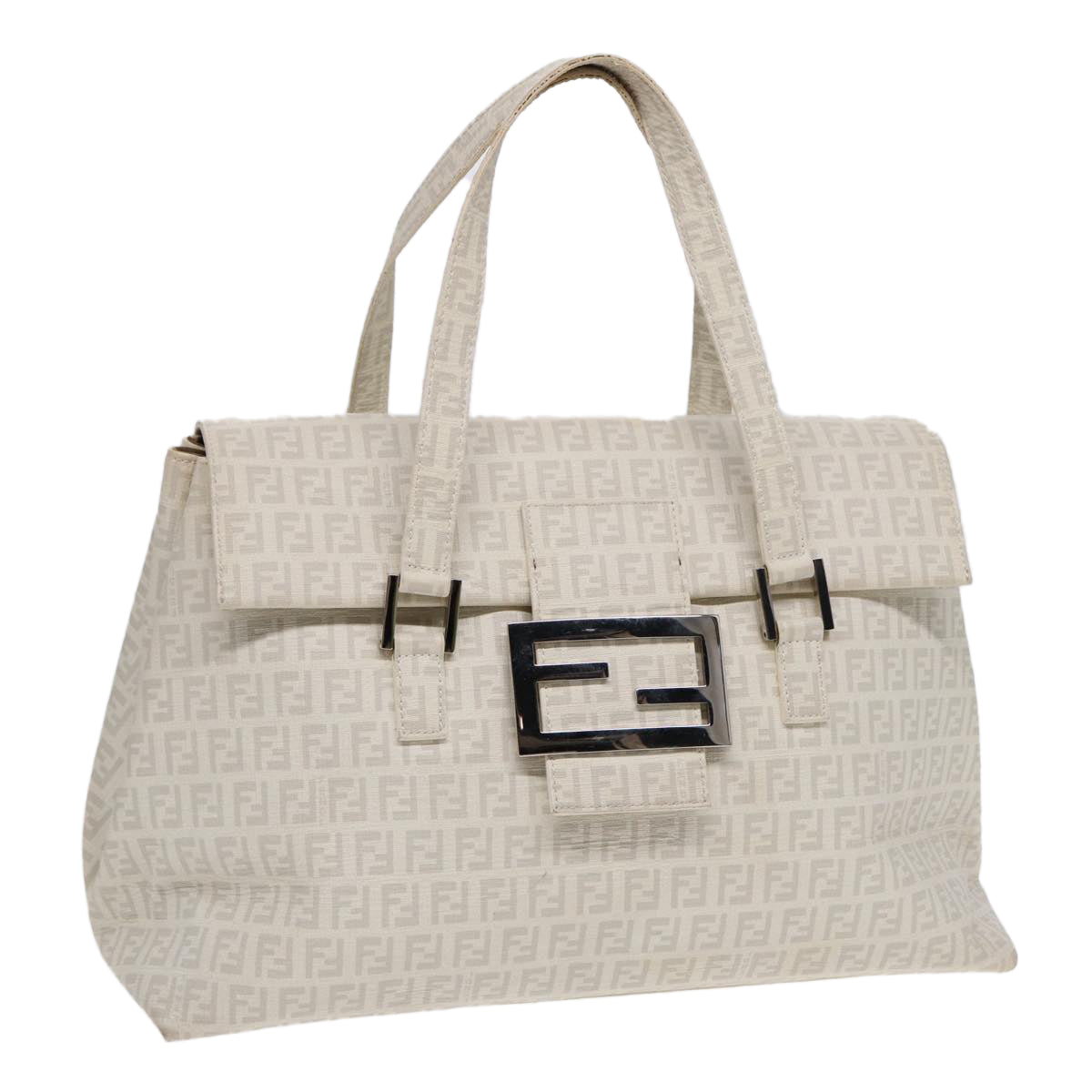 Luxury Fendi Zucchino Canvas Mamma Bucket Hand Bag White Silver89238