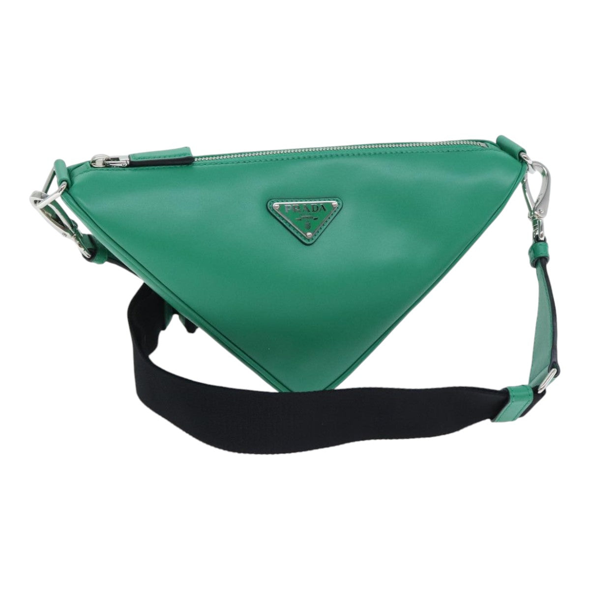 Luxury Prada Triangle Shoulder Bag Leather Green Silver  89412S