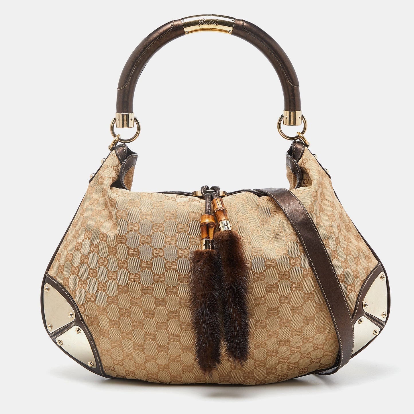 Luxury Gucci Trending 2025 Beige/Dark Brown GG Canvas and Leather/Mink Fur Large Babouska Indy Hobo