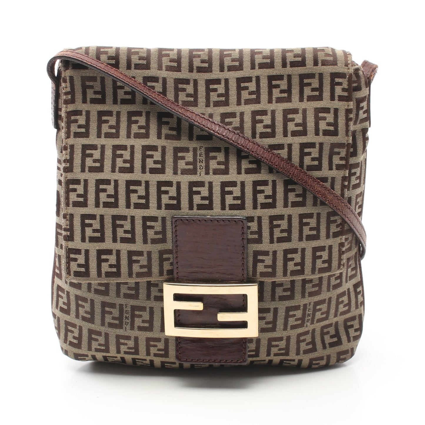 Luxury Fendi Zucchino Shoulder bag Canvas Leather Beige Dark brown