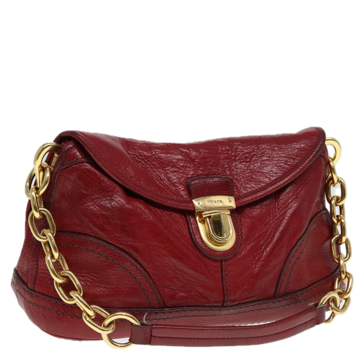 Luxury Prada Chain Shoulder Bag Leather Red Gold  89473