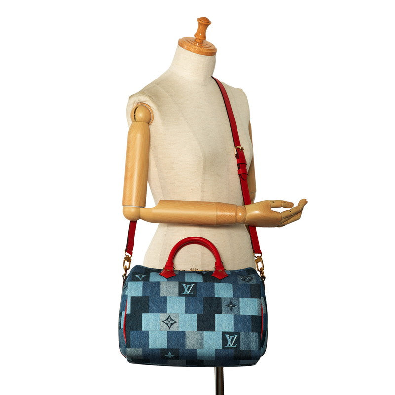 Louis Vuitton Monogram Denim Speedyy Bandouliere 30 Square Patchwork Handbag Shoulder Bag 2WAY M45041 Blue Red Denim Leather  Louis Vuitton