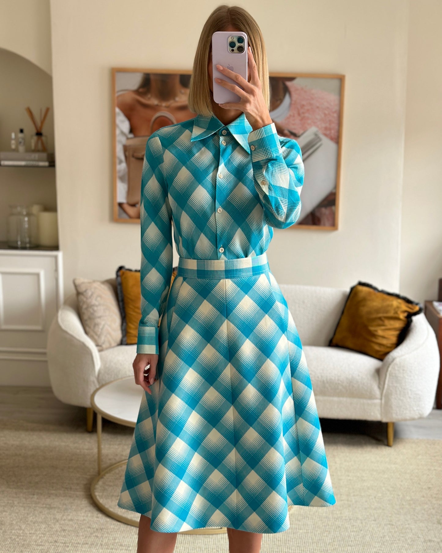 Luxury Gucci Turquoise and White Checked Shirt and Skirt Set IT 40 & 42 (UK 8-10)
