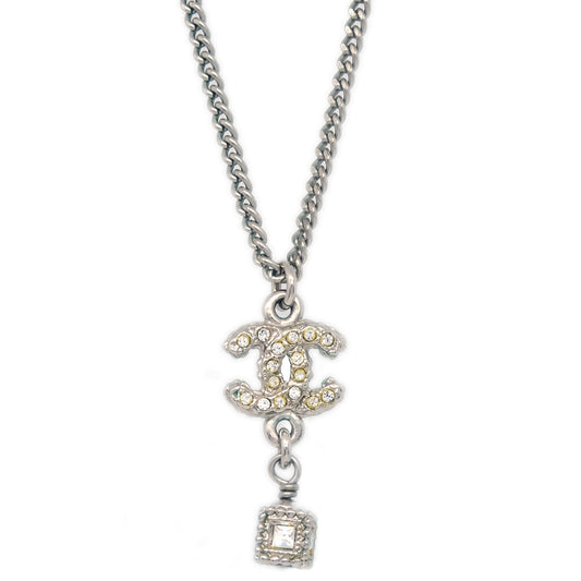 Chanel CC Chain Necklace Pendant Rhinestone Silver A11A