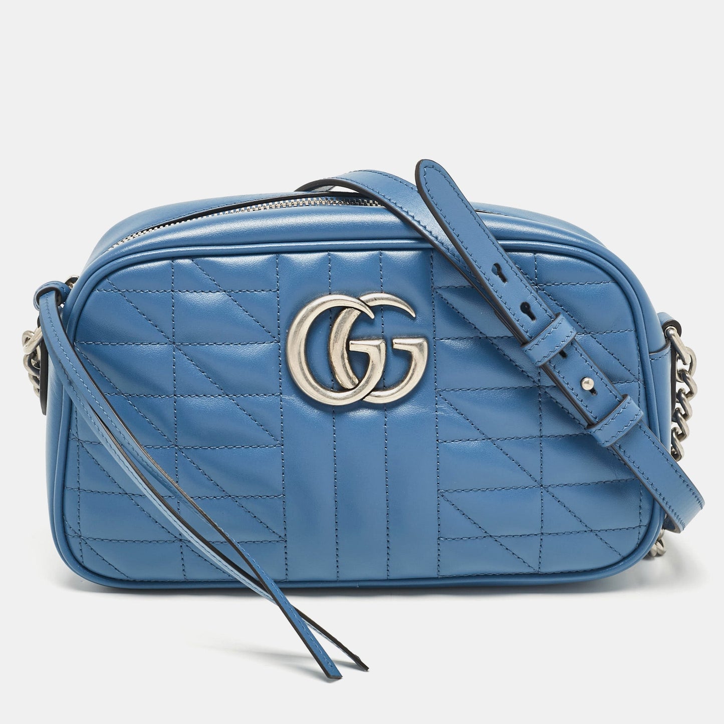 Luxury Gucci Trending 2025 Blue Quilted Leather Small GG Marmont Crossbody Bag