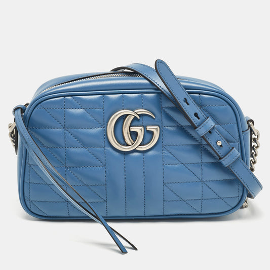 Luxury Gucci Trending 2025 Blue Quilted Leather Small GG Marmont Crossbody Bag