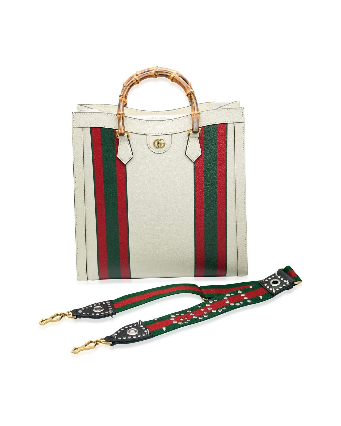 Luxury Gucci Trending 2025 White Textured Dollar Calfskin Web Large Diana Tote