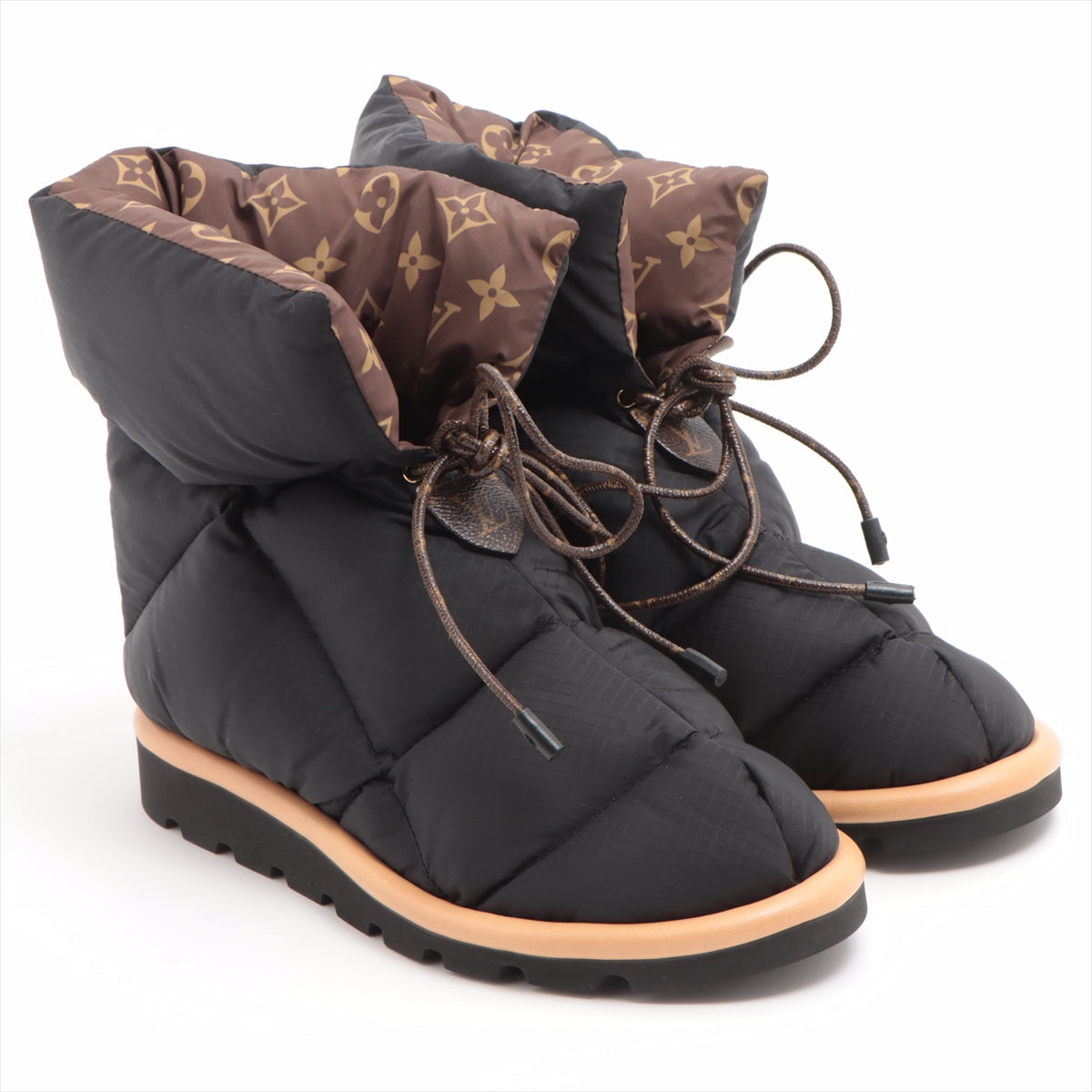 Louis Vuitton Pillowline 21 Years Nylon  Leather Short Boots 38  Black × Brown SC0211 Monograph