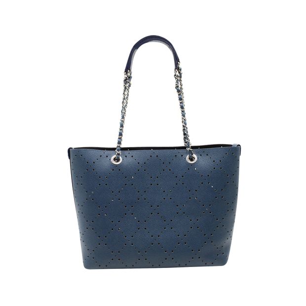 Luxury Chanel Blue Perforated Large Shopping Tote-Grained Calfskin Caviar Leather - Pouch