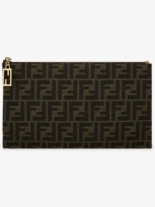 Luxury Fendi Flat Baguette Medium FF Jacquard Fabric Pouch Bag Brown