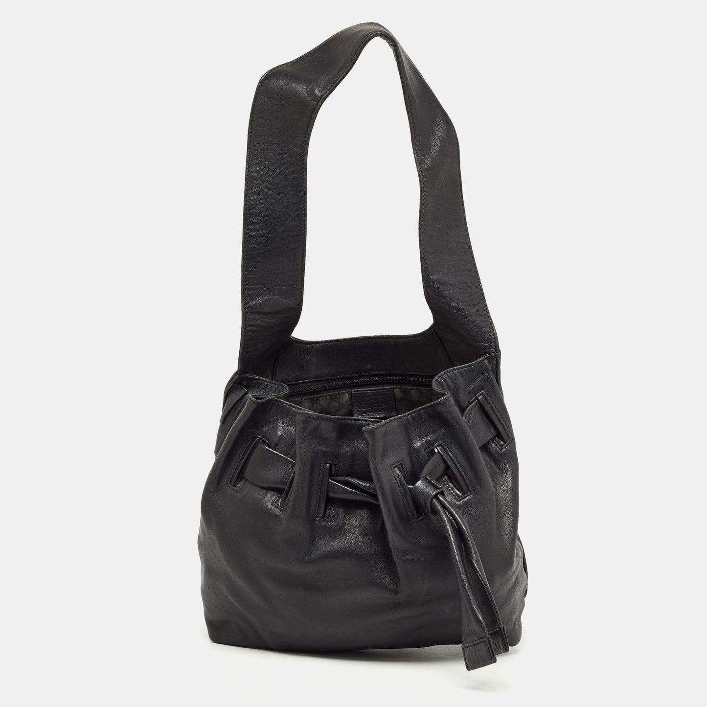 Luxury Gucci Trending 2025 Black Leather Drawstring Hobo