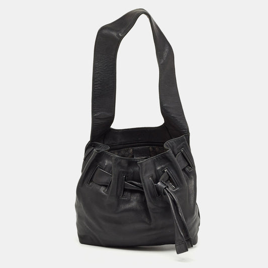 Luxury Gucci Trending 2025 Black Leather Drawstring Hobo