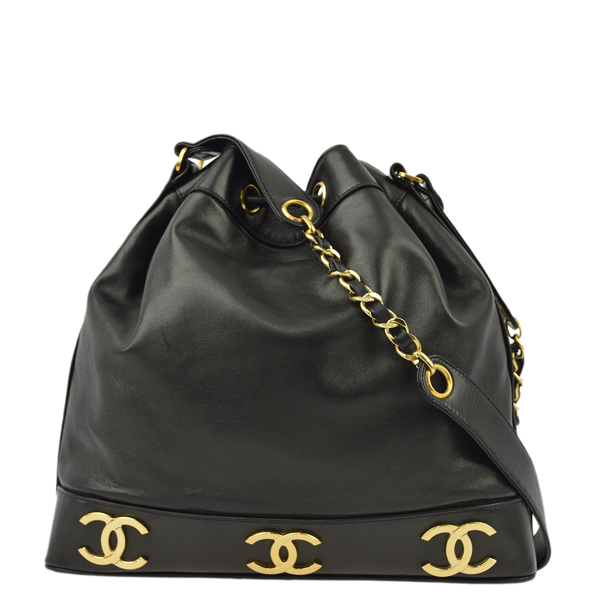 Luxury Chanel Black Lambskin Triple CC Bucket Shoulder Bag