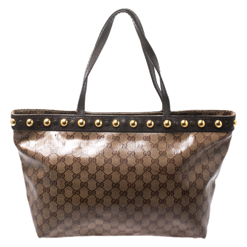Gucci Beige/ebony Gg Crystal Canvas And Leather Medium Babouska Tote