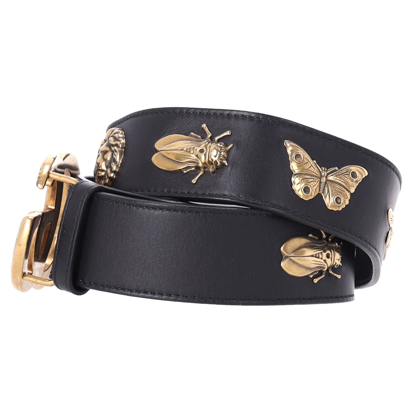 Gucci Marmont Bug Medallion Belt 80/32 in Black Smooth Leather